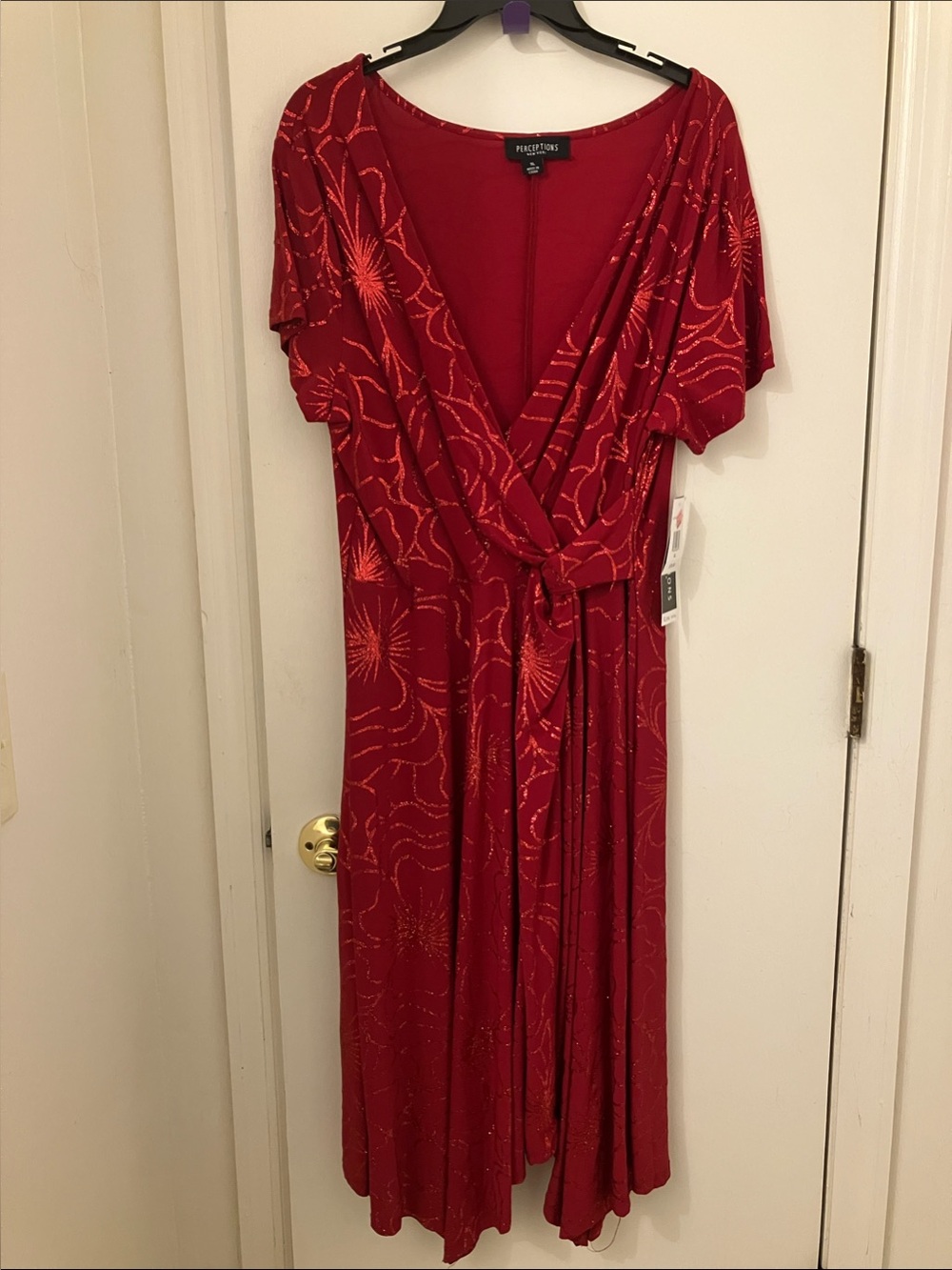 Perceptions Crimson Wrap Midi Dress with Metallic Burst Detail